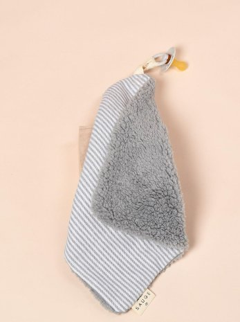 Mini doudou pour attacher la suce Lin ligné gris X sherpa gris - Sauge et co - Boutique friperie le placard de Jeanne et cie