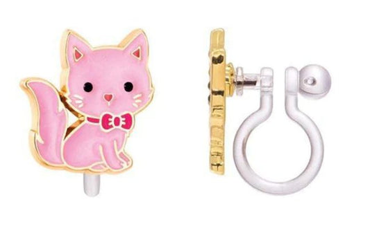 Boucles d'oreilles à clip en émail Chat rose - Boutique friperie le placard de Jeanne et cie