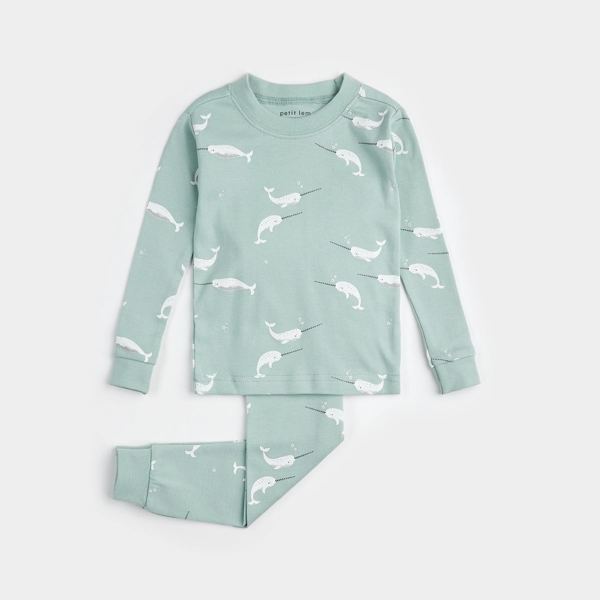 Pyjama deux pièces vert avec imprimés de licorne des mers - Petit Lem - Boutique friperie le placard de Jeanne et cie