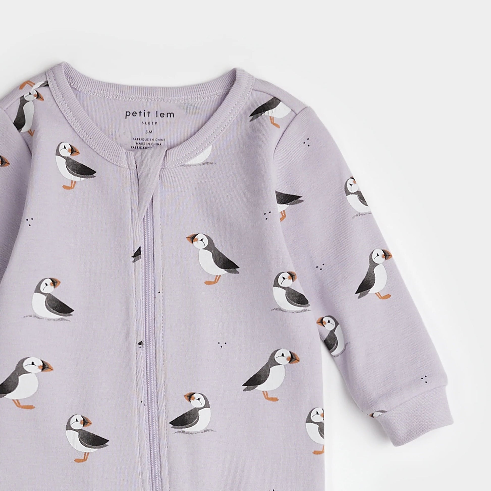 Pyjama lilas à imprimés macareux - Petit Lem - Boutique friperie le placard de Jeanne et cie
