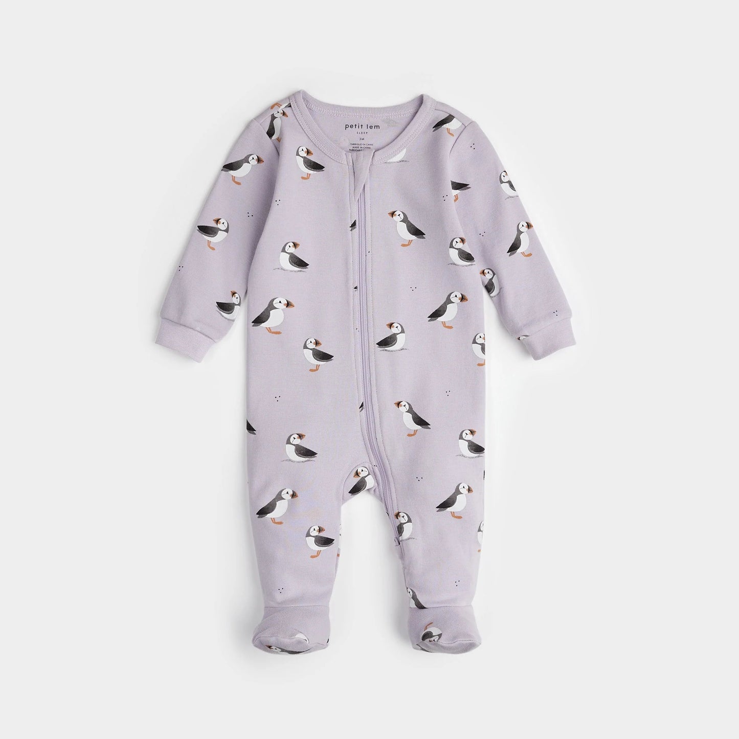 Pyjama lilas à imprimés macareux - Petit Lem - Boutique friperie le placard de Jeanne et cie