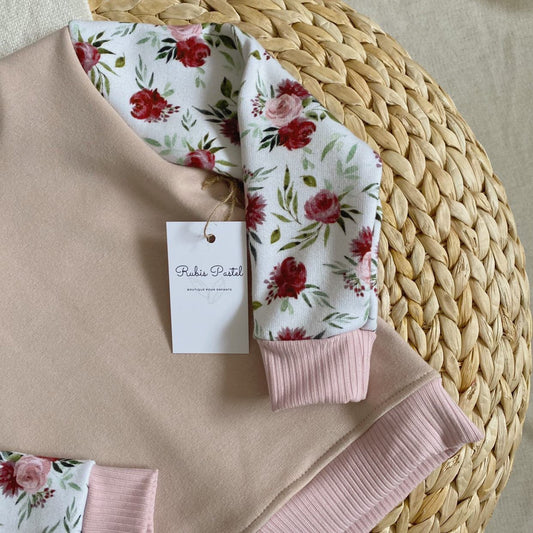 Sweat shirt doux Fleuris beige rosé - Rubis pastel - Boutique friperie le placard de Jeanne et cie