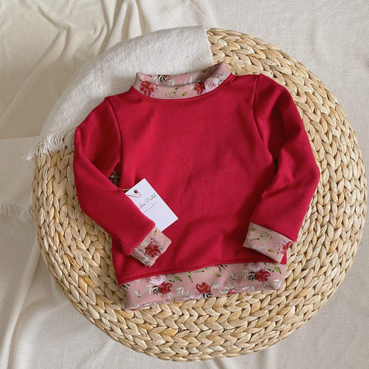 Sweat shirt doux Fleuris rouge - Rubis pastel - Boutique friperie le placard de Jeanne et cie